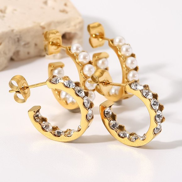 Inlaid Full Zircon CC Shape Huggie Hoop Earrings 18K Gold Plated Stainless Steel - Picture 8 of 8